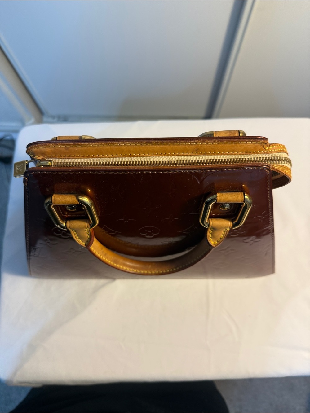 PROJECT Louis Vuitton Brown Vernis Patent Monogram Triangle Satchel - Picture 13 of 14